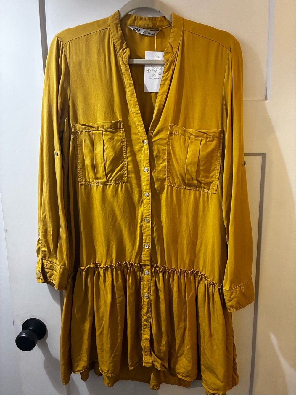 Zara Mustard Yellow Button-Front Tiered Long-Sleeve Dress